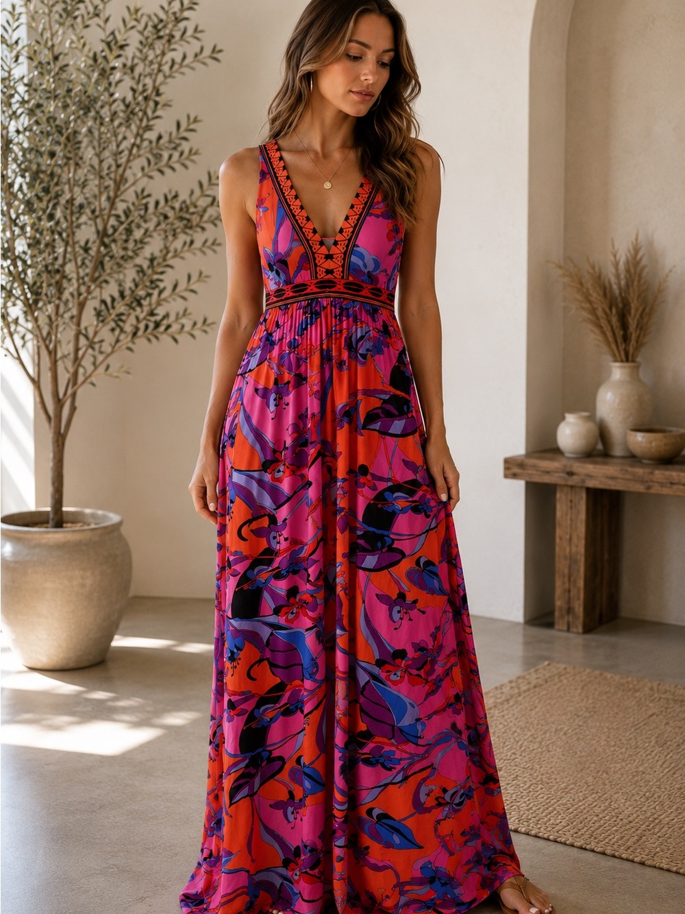 NWT Hale Bob V-Neck Floral Maxi Dress in Pink & Orange